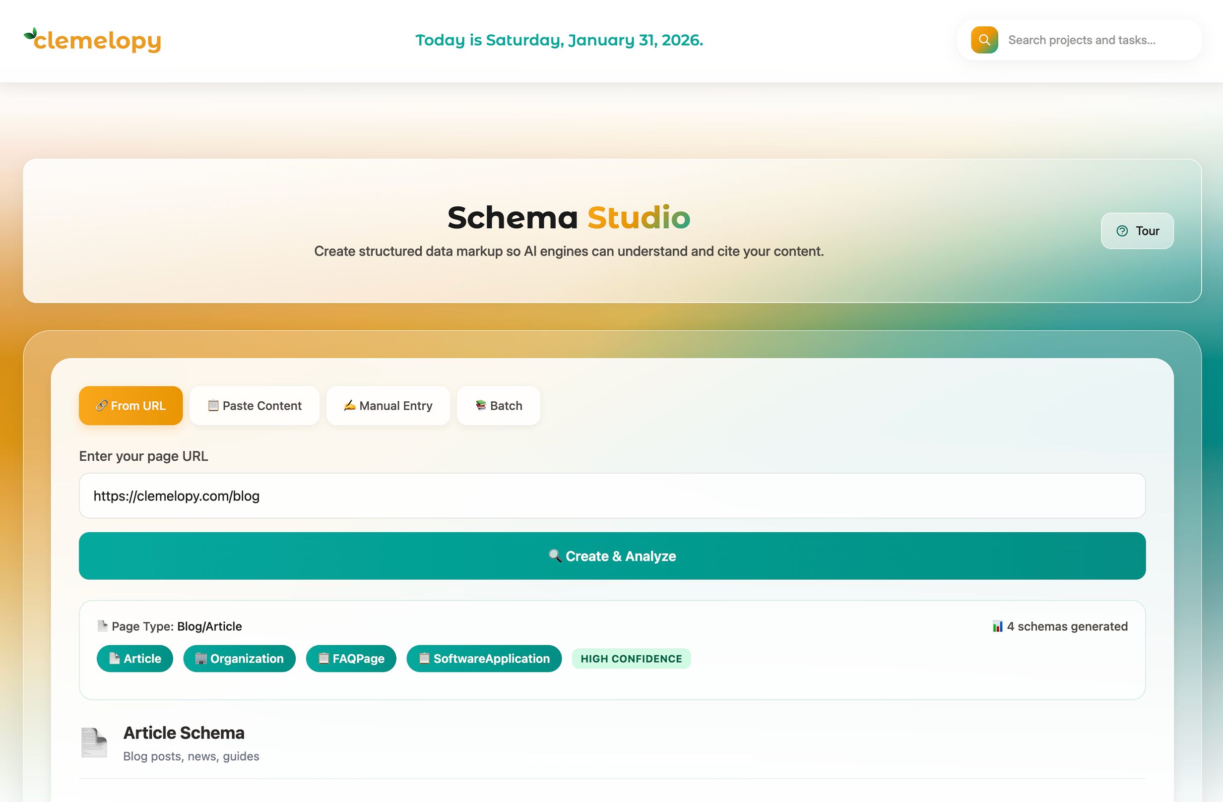 Clemelopy Schema Studio - Enter URL and analyze