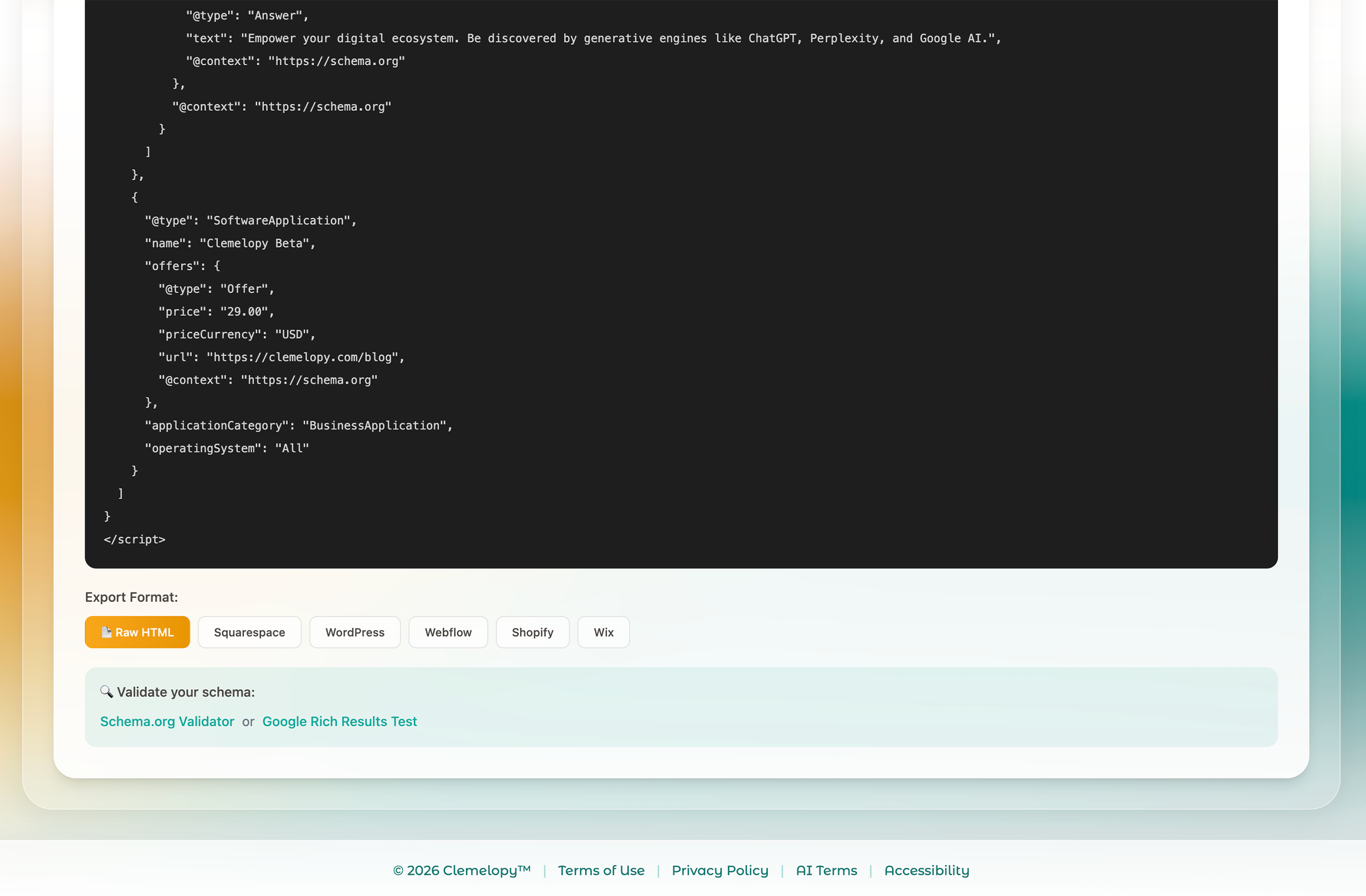 Schema Studio generated JSON-LD code with export options